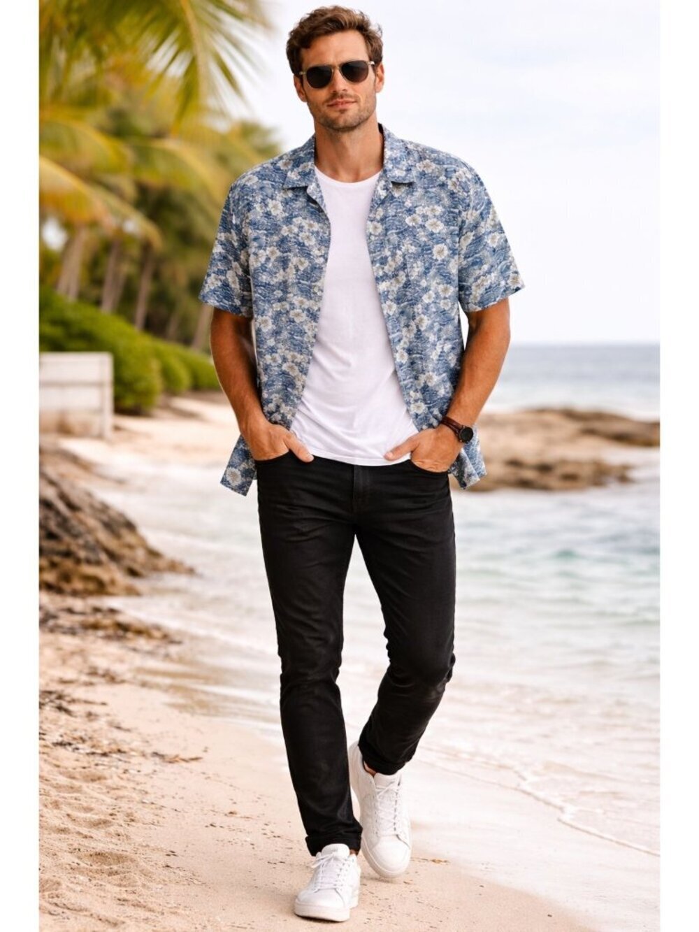 Quiksilver Vtg  Floral Hawaiian Button-Up Shirt  Mens Blue/Whit Medium